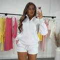 Women's light grey two-piece casual set with half-zip hoodie and drawstring shorts - S / Light Gray
