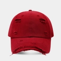 Distressed dark red cotton baseball cap with vintage frayed edges and streetwear style - Red