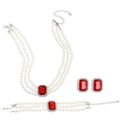 Parure trois rangs de perles d'imitation avec gemmes rouges et strass brillants - Ensemble Perles Artificielles Pierre Rouge Carrée (4886)