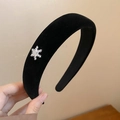 Elegant black velvet wide headband with a sparkling silver snowflake diamond accent - 57# Headband