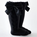 Knee-high princess socks in black cable knit with large satin double bows decoration - S / Black