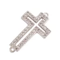 Silver plated copper cross connector with zircon stones for DIY jewelry making - M588989-White Gold