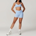 Light blue high waist yoga set with criss-cross waistband and v-neck sports bra - S / Top And Bottom / Bra + Shorts / Sky Blue