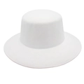 Close-up detail of smooth white felt fabric and fine stitching on the wide brim flat top hat - White