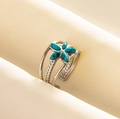 Adjustable floral ring with turquoise petals and vintage triple-band silver finish - Adjustable Open / Silver-Turquoise