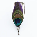 Peacock feather brooch pin with blue-green iridescent luster and silver metal base - Dark Violet