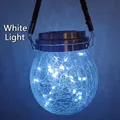 Solar crackle glass hanging jar light with rustic hemp rope handle and cool white LED - Upgraded 30 LED Wrapped Edge White Light