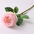 Macro shot of realistic pink artificial Austin rose with textured green leaves on white background - Single Stem/45cm / Pink
