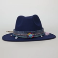 Navy wool felt fedora with ethnic woven band, turquoise stone and pink tassels decoration - M(56-58cm) / Navy Blue