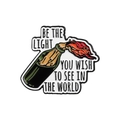 Cartoon burning bottle enamel pin with 'Be the light' quote on a white background - Burning Bottle Quote Style (QHXZ2533)
