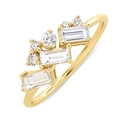 Macro shot of gold ring featuring three baguette-cut and small round-cut clear stones - Gold Modern Geometric/Size 6