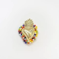 Handmade heart pendant with colorful beads and golden flame-shaped metal top - Rainbow