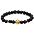 Matte black stone beaded bracelet featuring a golden lion head and metallic spacers - Matte Black Stone With Gold Lion
