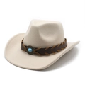 Detail of cream felt cowboy hat with braided leather belt and turquoise gemstone accent - M (56-58cm) / Beige