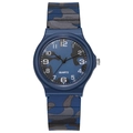 Macro view of blue camouflage dial with clear Arabic numerals on quartz student watch - Camouflage Navy Blue