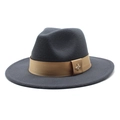 Detail of grey wool fedora hat featuring a brown ribbon and a golden bee metal logo - Dark Gray