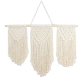 Three-piece beige handmade macrame wall hanging with wooden rod and fringe - Fifteen Butterfly Decor