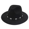 Detail of black fedora hat featuring vintage silver metal disks on a leather band - M (56-58cm) / Black