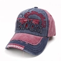 Vintage washed baseball cap in blue and red with New York embroidery 45-degree angle view - Adjustable / Burgundy