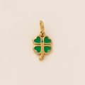 Detail view of 18K gold clover charm with vibrant green enamel inlay and metal loop - Four-Leaf Clover