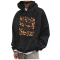 Black fleece hoodie featuring Thanksgiving Give Thanks letter print and autumn motifs - S / Tops / Black