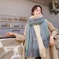 Thick knitted color-block scarf with fringes in grey, light teal and beige tones - Triple Color Grey