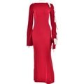 Detail of red long-sleeved dress featuring white decorative bows on the sleeve - S / Red