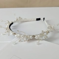 Detail of handmade bridal headband with white pearls and sparkling crystal beads - Style SJ006 / Antenna White