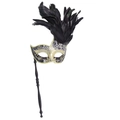 Handheld black masquerade mask with gold crackle pattern and elegant feather trim - Black Gold Crackle Handheld Mask