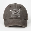 Close-up of Vintage 1973 printed lettering on washed dark gray cotton baseball cap texture - One Size / Coffee