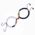 Detail of heart magnet stone bracelets for couples with colorful 7 chakra beads and cord - Natural White Howlite + Matte 7 Chakra Stone