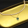Emerald Green Heart Pendant Double Layer Necklace
