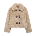 Beige faux shearling jacket for women with stylish metal buckle closures and lapel - XS / Camel