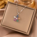 Colorful zircon flower pendant necklace in silver finish with multi-color petals - Silver Colorful Zirconia Flower