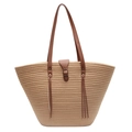 Light khaki woven straw tote bag with brown leather handles and decorative tassel detail - Khaki