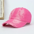 Distressed hot pink washed cotton baseball cap with ripped details and a curved brim - Adjustable / Rose Red