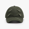 Distressed dark olive green baseball cap with vintage frayed holes and cotton twill texture - Green