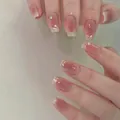 Pink jelly french press-on nails with white marble texture and delicate rhinestones - Large Capacity Box