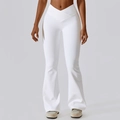 Pantalones de yoga acampanados blancos con cintura alta cruzada en V y textura acanalada - S / Blanco Cisne
