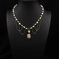 Elegant natural white pearl necklace with vintage gold square pendant and tassel details - Palace Style Lace Tassel Necklace