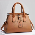 Elegant brown lychee grain leather handbag with dual handles and detachable strap - 28x14x20cm / Khaki