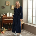 Navy blue plush flannel robe with textured knit and tie belt for autumn winter - Navy Blue Women