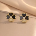 Elegant gold-plated black clover stud earrings with sparkling white crystals on silk - Gold Black Shell Clover Studs (238)