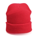 Bright red ribbed knit beanie hat with classic folded cuff for winter warmth - One Size / Elastic / Red