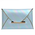 Chic holographic envelope clutch bag with gold metal trim for women on white background - Light Blue