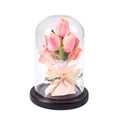 Bouquet di tulipani rosa in cupola di vetro con base nera per regalo di San Valentino - Tulipani e rose, luci a stringa e sacchetto regalo