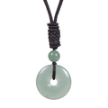 Macro shot of green jade safety buckle pendant with brown woven cord on white background - Green Aventurine Necklace