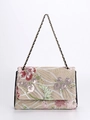 Beige shoulder bag with floral embroidery and sequins on a woven chain strap - Red Flowers Green Leaves