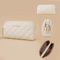 Beige quilted double zipper clutch wallet with a premium pebbled synthetic leather finish - Off White