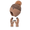 Conjunto de gorro de punto y guantes táctiles color marrón claro con pompón de pelo - café